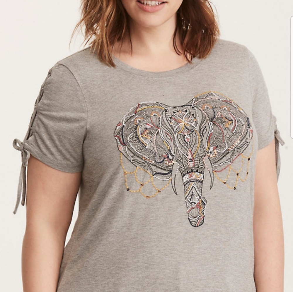 Embroidered Elephant Lace Up Sleeve Tee